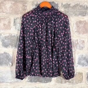 Elizabeth and James Black Pink Floral Smocked Mock Neck Sheer Blouse Large Boho